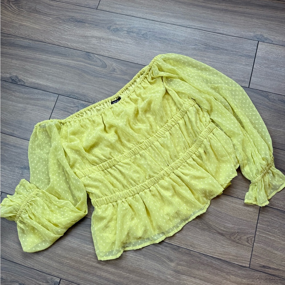 Boohoo Yellow Puff Sleeve Smocked Blouse